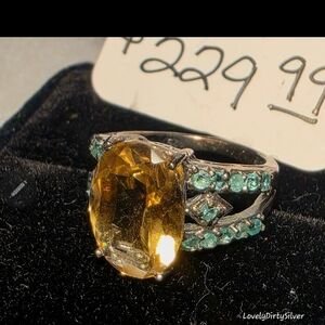 Elegant Oval Citrine W 22 Emeralds In .925 Sterling Silver Ring ~ New VINTAGE